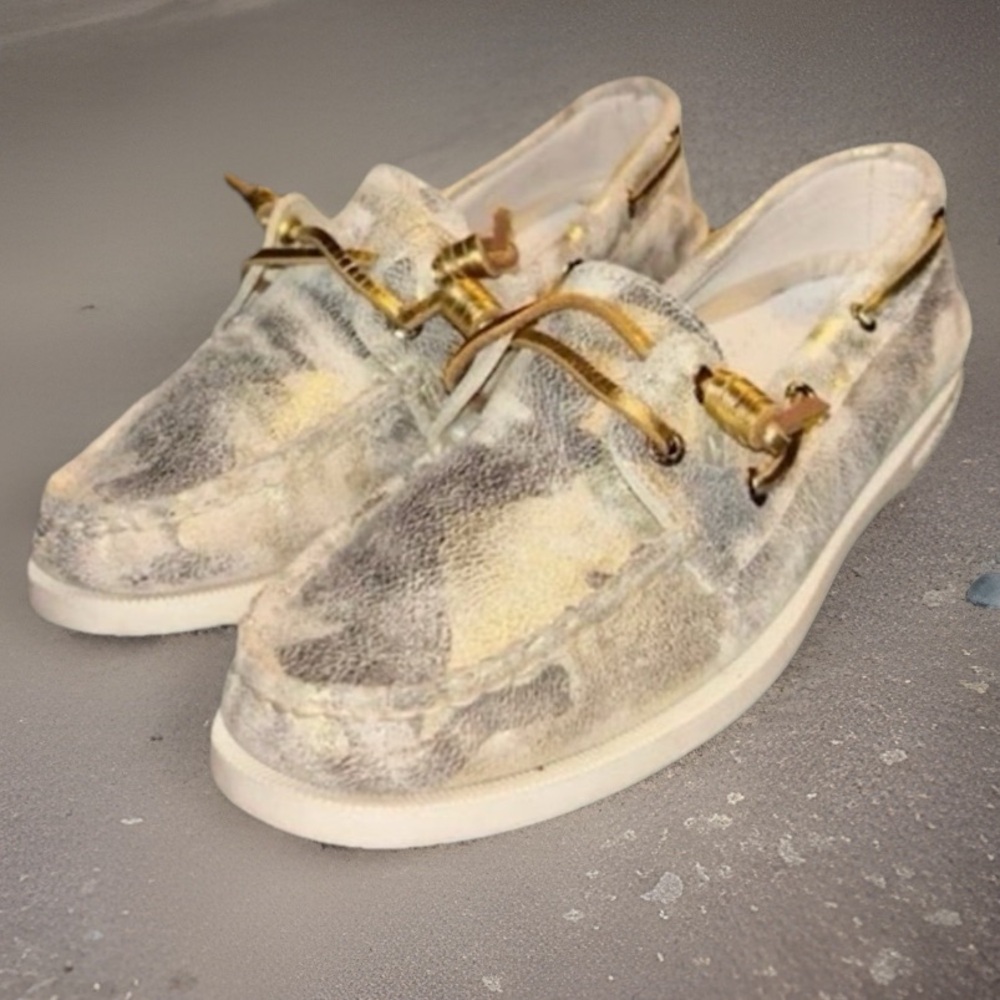 Sperry Authentic Original (AO) Vida Metallic Camo Ivory Boat Shoes, Women’s 6.5